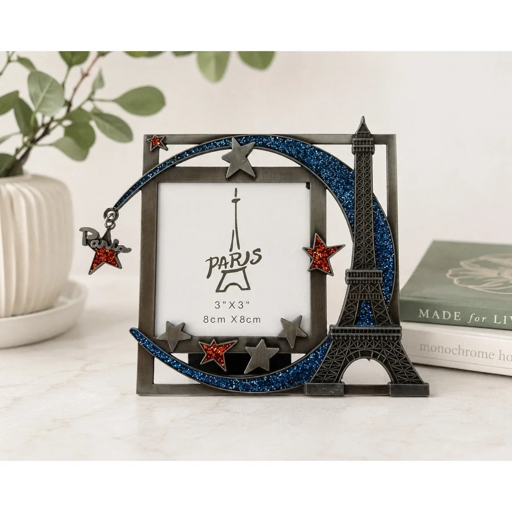 Paris Eiffel Tower Picture Frame Metal 3x3 Blue Glitter Star Souvenir Decor